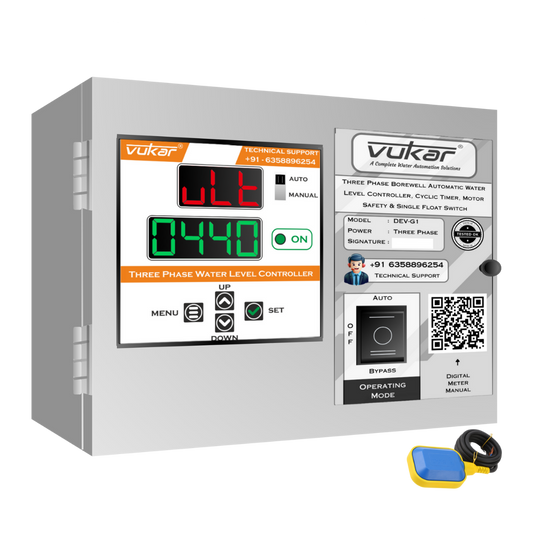 Three Phase Borewell Automatic Water Level Controller, Cyclic Timer, Motor Safety & Single Float Switch (DEV-G1)
