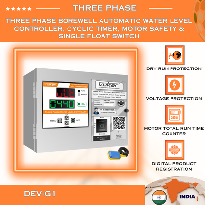 Three Phase Borewell Automatic Water Level Controller, Cyclic Timer, Motor Safety & Single Float Switch (DEV-G1)