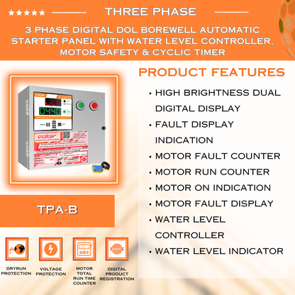 3 Phase Digital DOL Borewell Automatic Starter Panel with Water Level Controller,  Motor Safety & Cyclic Timer (TPA-B)