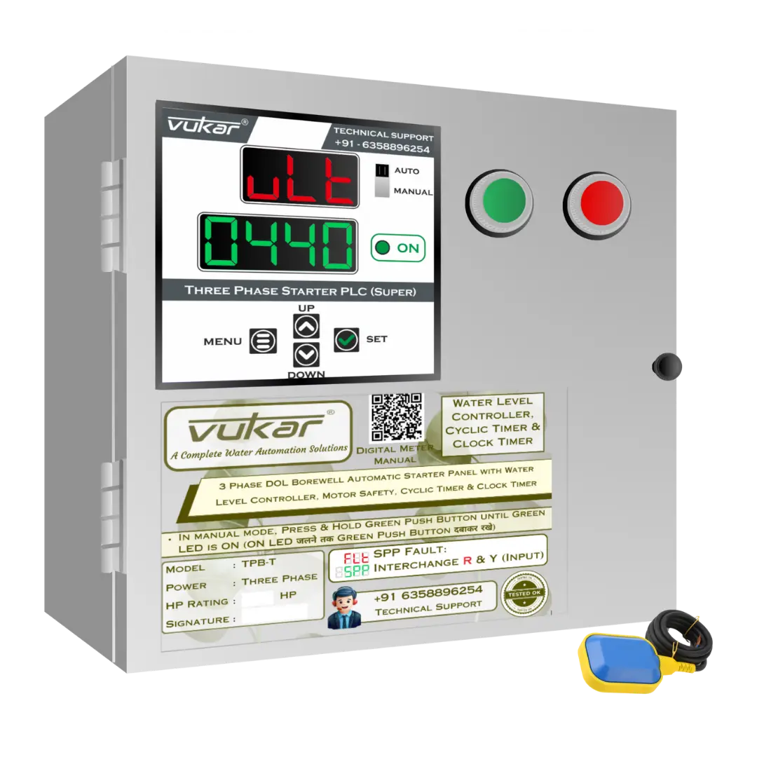 3 Phase DOL Borewell Automatic Starter Panel with Water Level Controller,  Motor Safety, Cyclic Timer & Clock Timer (TPB-T) VUKAR