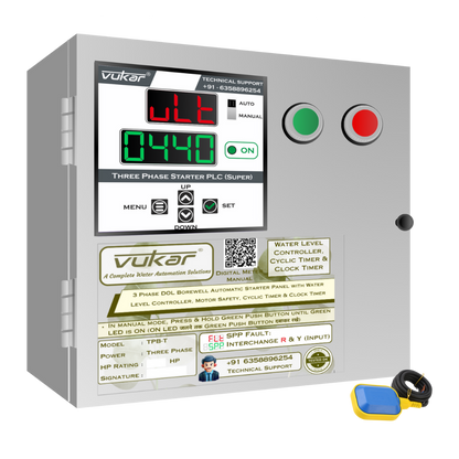3 Phase DOL Borewell Automatic Starter Panel with Water Level Controller,  Motor Safety, Cyclic Timer & Clock Timer (TPB-T)