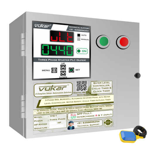 3 Phase DOL Borewell Automatic Starter Panel with Water Level Controller,  Motor Safety, Cyclic Timer & Clock Timer (TPB-T)