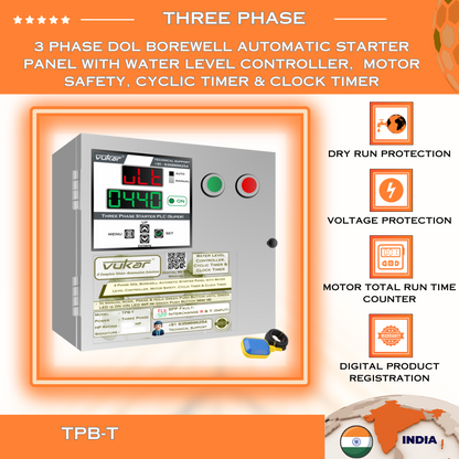 3 Phase DOL Borewell Automatic Starter Panel with Water Level Controller,  Motor Safety, Cyclic Timer & Clock Timer (TPB-T)