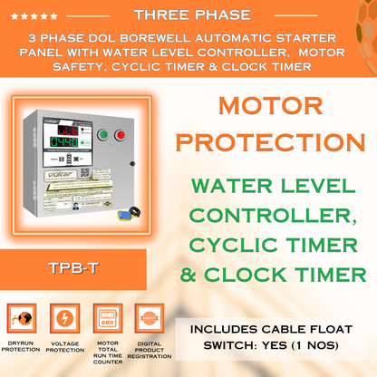 3 Phase DOL Borewell Automatic Starter Panel with Water Level Controller,  Motor Safety, Cyclic Timer & Clock Timer (TPB-T)