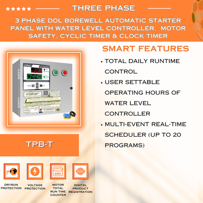 3 Phase DOL Borewell Automatic Starter Panel with Water Level Controller,  Motor Safety, Cyclic Timer & Clock Timer (TPB-T)