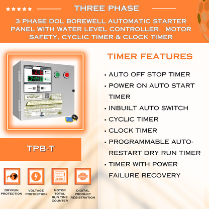 3 Phase DOL Borewell Automatic Starter Panel with Water Level Controller,  Motor Safety, Cyclic Timer & Clock Timer (TPB-T)