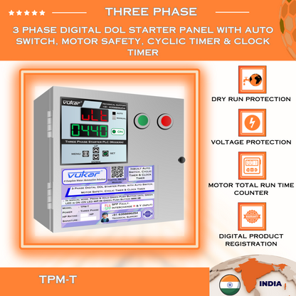 3 Phase Digital DOL Starter Panel with Auto Switch, Motor Safety, Cyclic Timer & Clock Timer (TPM-T)