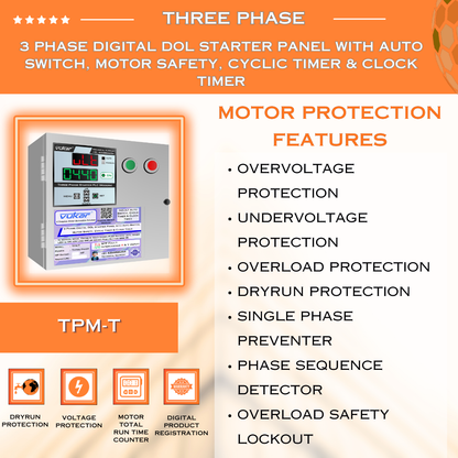 3 Phase Digital DOL Starter Panel with Auto Switch, Motor Safety, Cyclic Timer & Clock Timer (TPM-T)