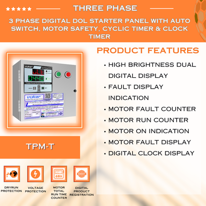 3 Phase Digital DOL Starter Panel with Auto Switch, Motor Safety, Cyclic Timer & Clock Timer (TPM-T)