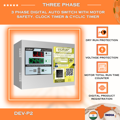 3 Phase Digital Auto Switch with Motor Safety, Clock Timer & Cyclic Timer (DEV-P2)
