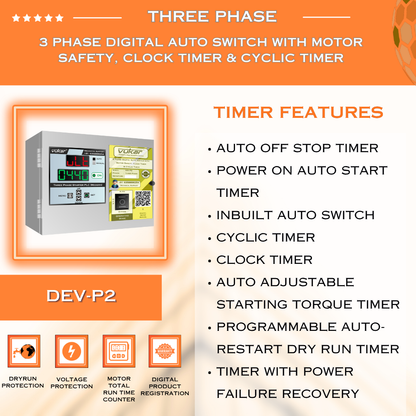 3 Phase Digital Auto Switch with Motor Safety, Clock Timer & Cyclic Timer (DEV-P2)