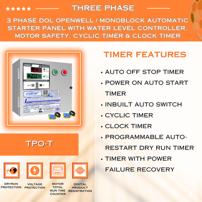 3 Phase DOL Openwell / Monoblock Automatic Starter Panel with Water Level Controller,  Motor Safety, Cyclic Timer & Clock Timer (TPO-T)