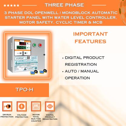 3 Phase DOL Openwell / Monoblock Automatic Starter Panel with Water Level Controller,  Motor Safety, Cyclic Timer & MCB (TPO-H)
