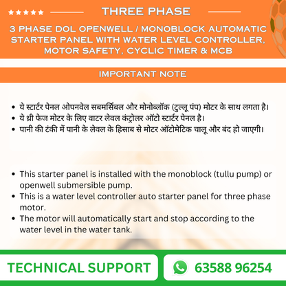 3 Phase DOL Openwell / Monoblock Automatic Starter Panel with Water Level Controller,  Motor Safety, Cyclic Timer & MCB (TPO-H)