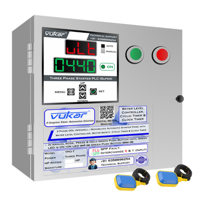 3 Phase DOL Openwell / Monoblock Automatic Starter Panel with Water Level Controller,  Motor Safety, Cyclic Timer & Clock Timer (TPO-T)