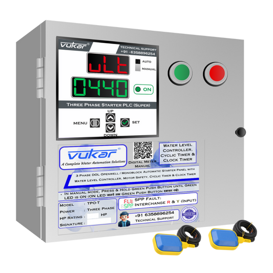 3 Phase DOL Openwell / Monoblock Automatic Starter Panel with Water Level Controller,  Motor Safety, Cyclic Timer & Clock Timer (TPO-T)