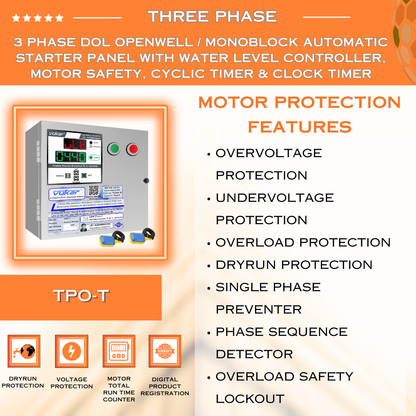 3 Phase DOL Openwell / Monoblock Automatic Starter Panel with Water Level Controller,  Motor Safety, Cyclic Timer & Clock Timer (TPO-T)