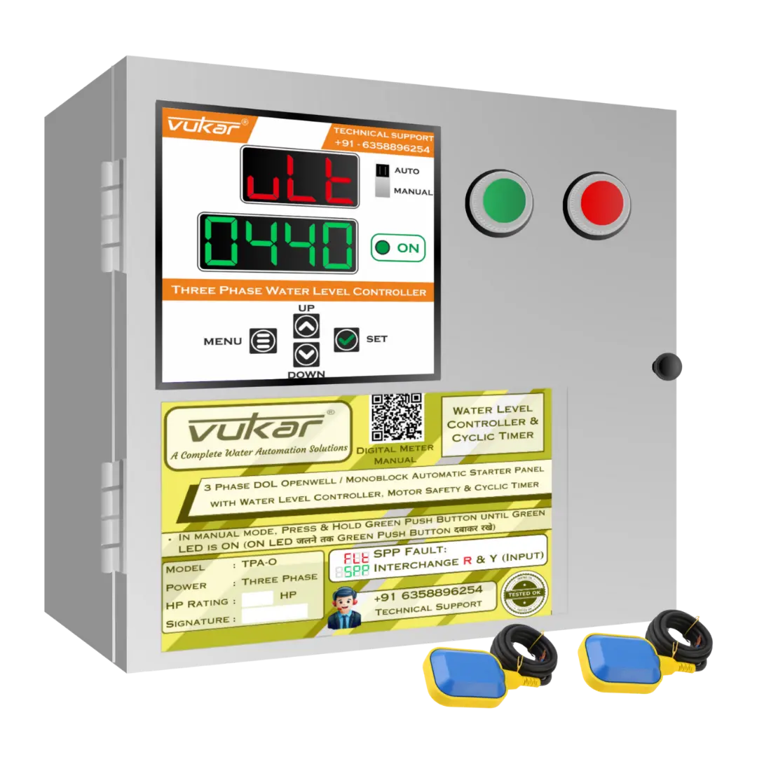 3 Phase DOL Openwell / Monoblock Automatic Starter Panel with Water Level Controller,  Motor Safety & Cyclic Timer (TPA-O) VUKAR