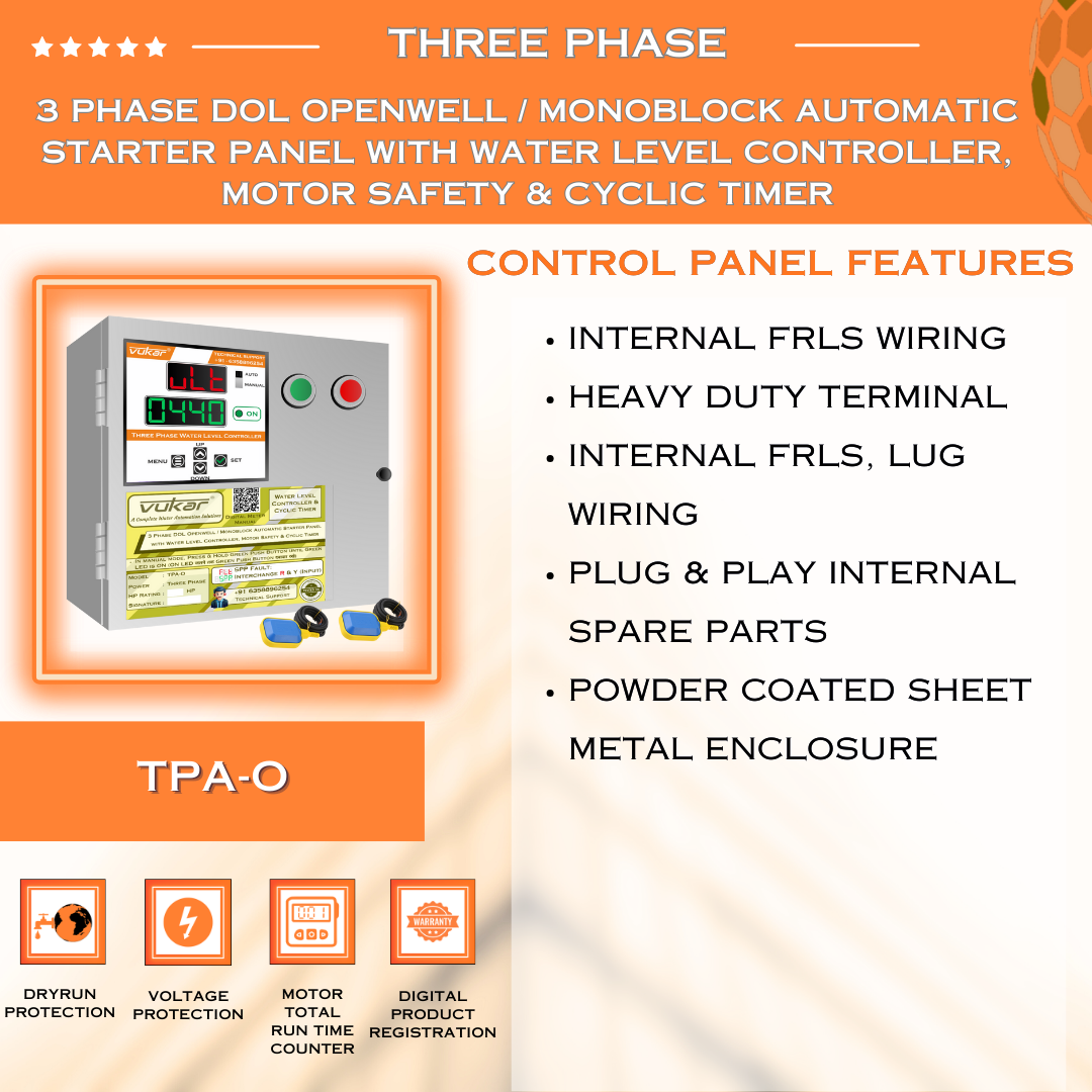 3 Phase DOL Openwell / Monoblock Automatic Starter Panel with Water Level Controller,  Motor Safety & Cyclic Timer (TPA-O)