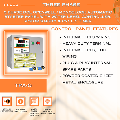 3 Phase DOL Openwell / Monoblock Automatic Starter Panel with Water Level Controller,  Motor Safety & Cyclic Timer (TPA-O)