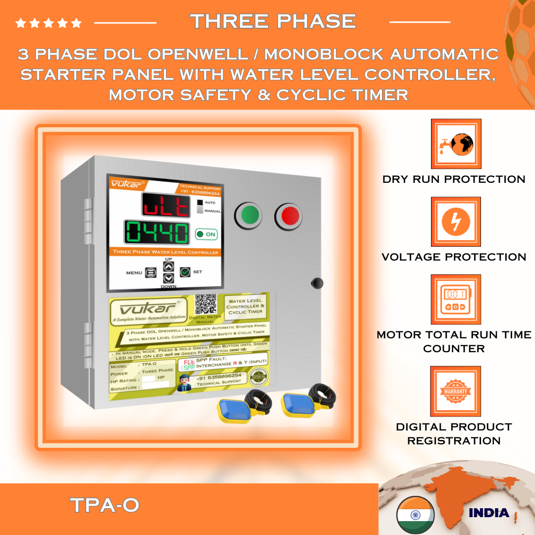 3 Phase DOL Openwell / Monoblock Automatic Starter Panel with Water Level Controller,  Motor Safety & Cyclic Timer (TPA-O)