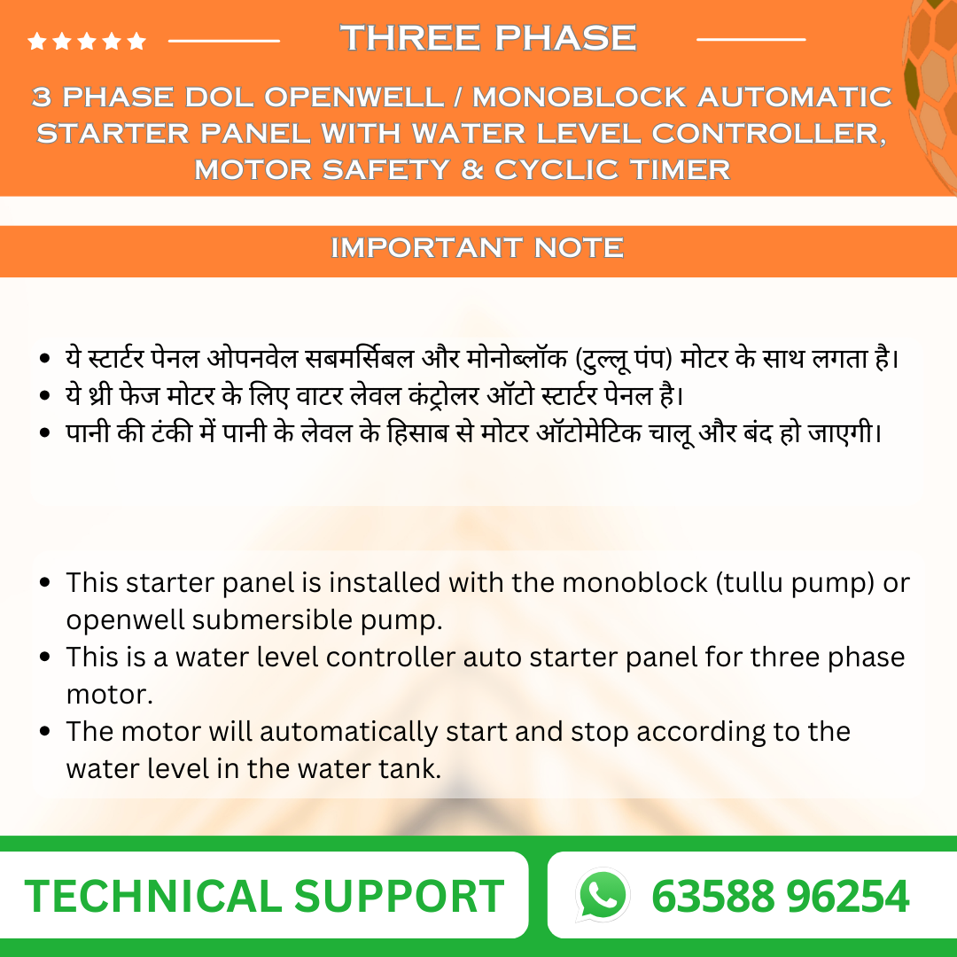3 Phase DOL Openwell / Monoblock Automatic Starter Panel with Water Level Controller,  Motor Safety & Cyclic Timer (TPA-O)