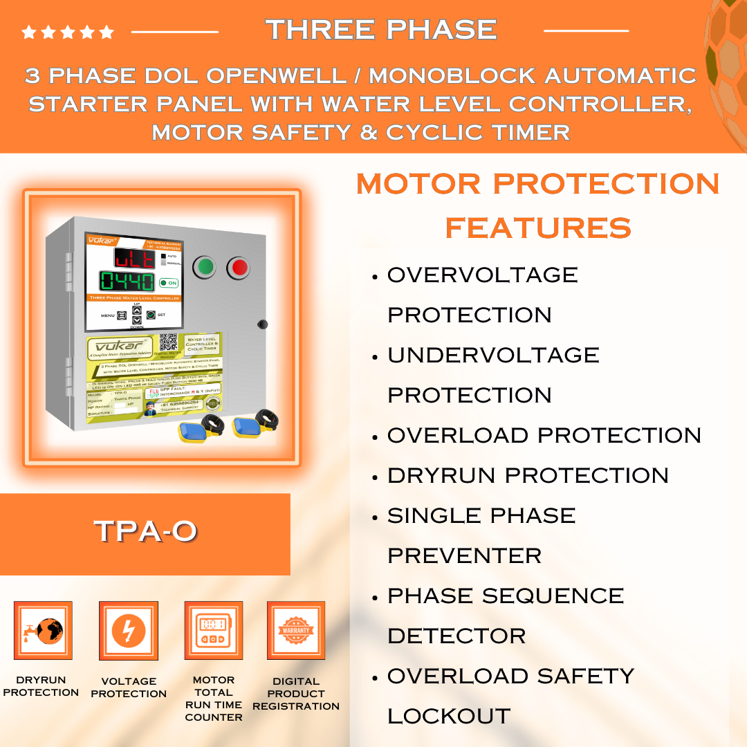 3 Phase DOL Openwell / Monoblock Automatic Starter Panel with Water Level Controller,  Motor Safety & Cyclic Timer (TPA-O)