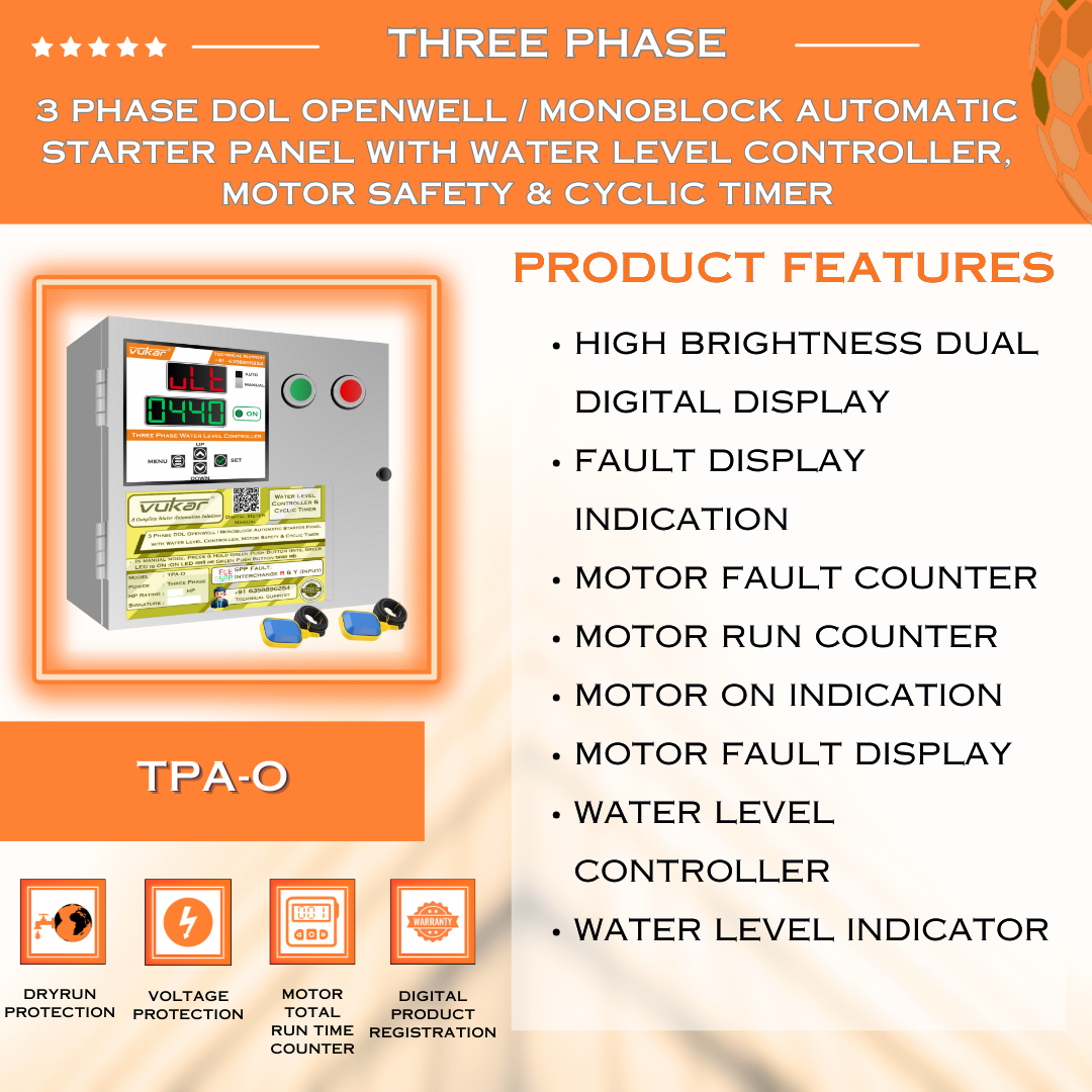 3 Phase DOL Openwell / Monoblock Automatic Starter Panel with Water Level Controller,  Motor Safety & Cyclic Timer (TPA-O)