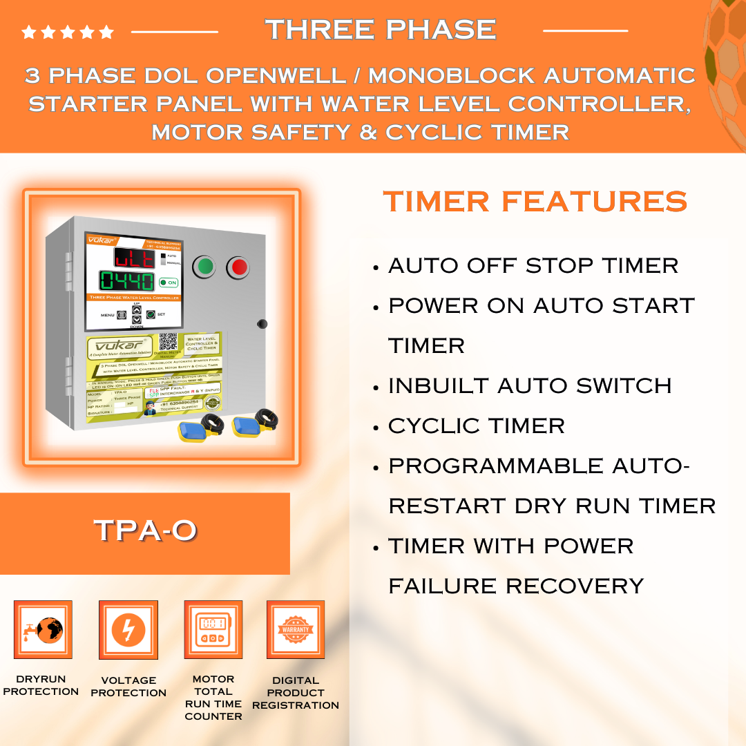 3 Phase DOL Openwell / Monoblock Automatic Starter Panel with Water Level Controller,  Motor Safety & Cyclic Timer (TPA-O)