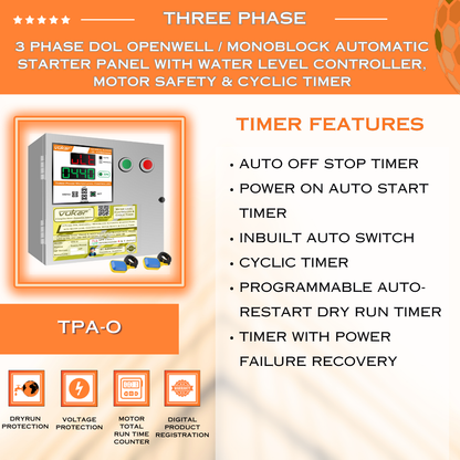 3 Phase DOL Openwell / Monoblock Automatic Starter Panel with Water Level Controller,  Motor Safety & Cyclic Timer (TPA-O)