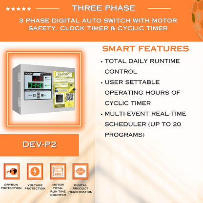 3 Phase Digital Auto Switch with Motor Safety, Clock Timer & Cyclic Timer (DEV-P2)