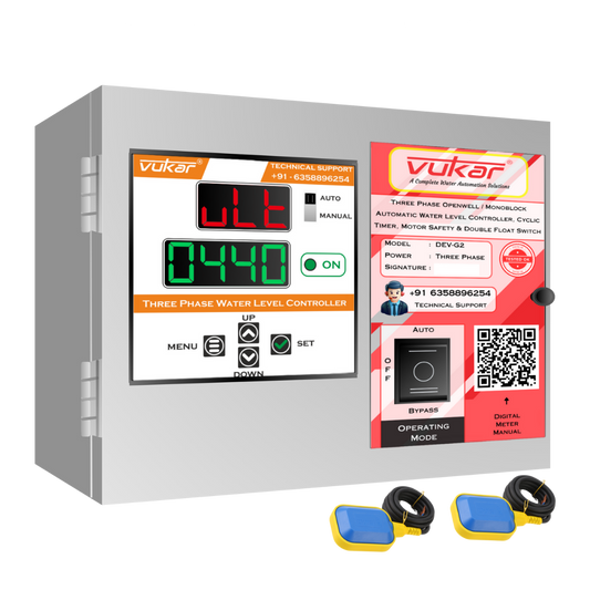 Three Phase Openwell / Monoblock Automatic Water Level Controller, Cyclic Timer, Motor Safety & Double Float Switch (DEV-G2)