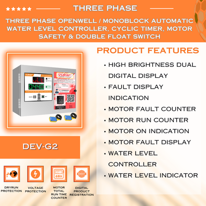 Three Phase Openwell / Monoblock Automatic Water Level Controller, Cyclic Timer, Motor Safety & Double Float Switch (DEV-G2)
