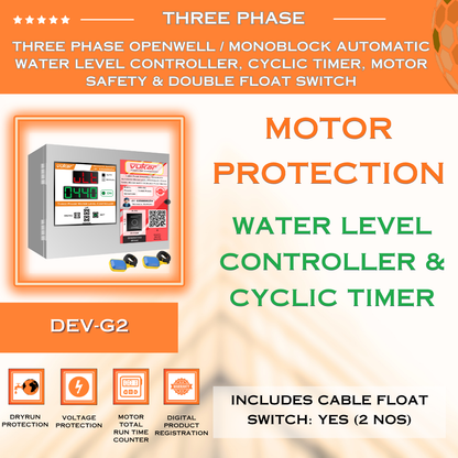 Three Phase Openwell / Monoblock Automatic Water Level Controller, Cyclic Timer, Motor Safety & Double Float Switch (DEV-G2)