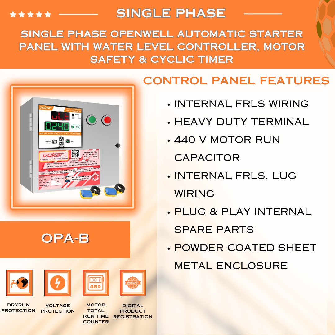 Single Phase Openwell Automatic Starter Panel with Water Level Controller, Motor Safety & Cyclic Timer (OPA-B)