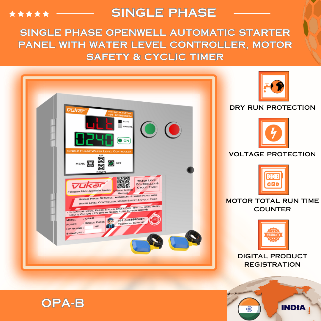 Single Phase Openwell Automatic Starter Panel with Water Level Controller, Motor Safety & Cyclic Timer (OPA-B)
