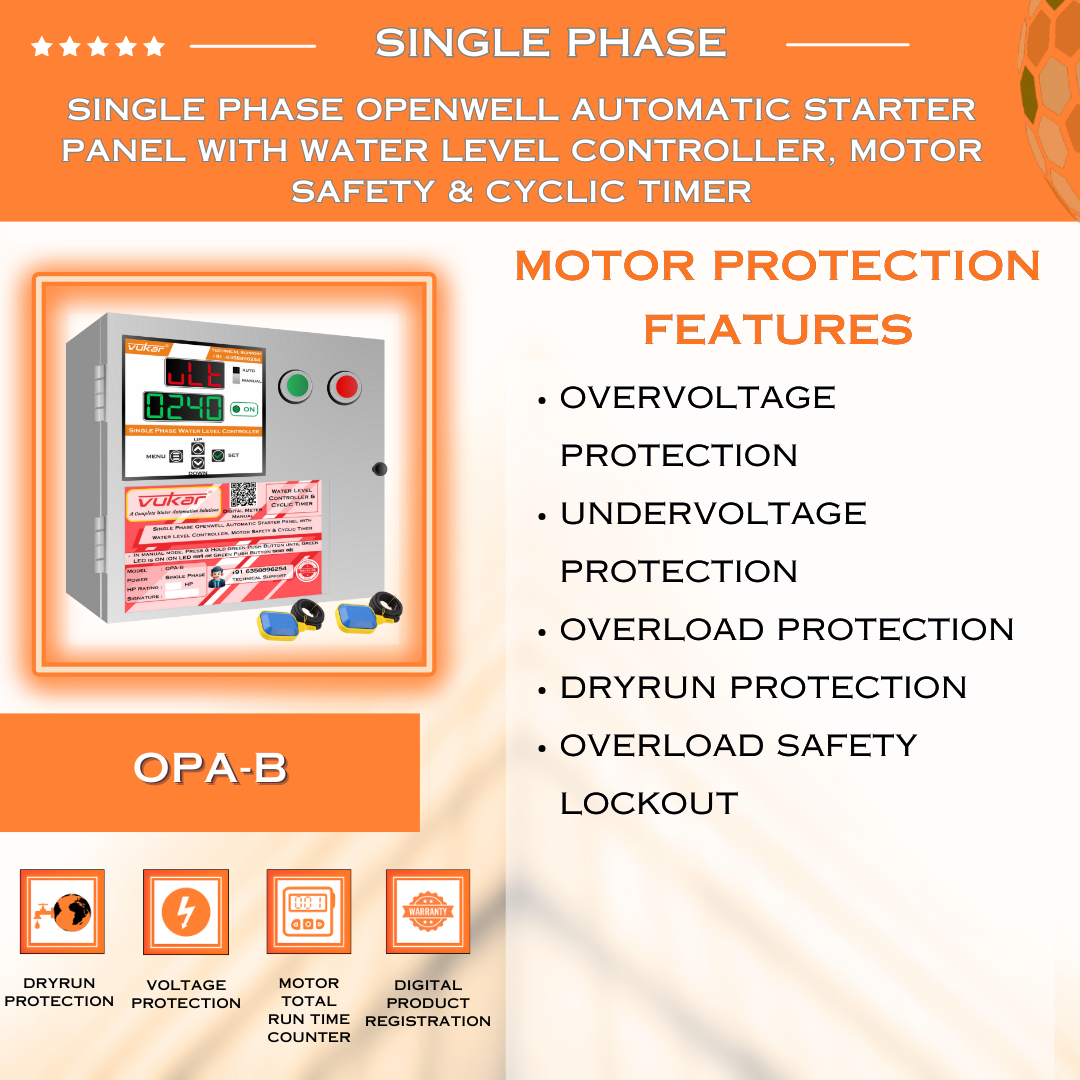 Single Phase Openwell Automatic Starter Panel with Water Level Controller, Motor Safety & Cyclic Timer (OPA-B)