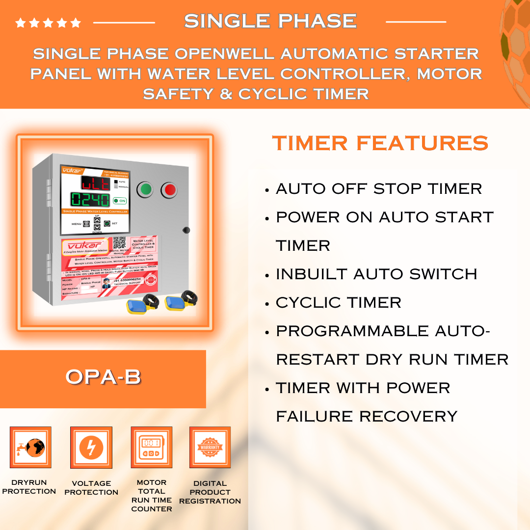 Single Phase Openwell Automatic Starter Panel with Water Level Controller, Motor Safety & Cyclic Timer (OPA-B)