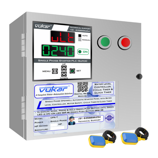Single Phase Openwell Automatic Starter Panel with Water Level Controller, Motor Safety, Cyclic Timer & Clock Timer (OPA-T)