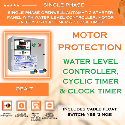 Single Phase Openwell Automatic Starter Panel with Water Level Controller, Motor Safety, Cyclic Timer & Clock Timer (OPA-T)