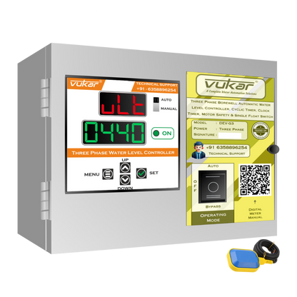 Three Phase Borewell Automatic Water Level Controller, Cyclic Timer, Clock Timer, Motor Safety & Single Float Switch (DEV-G3)