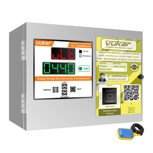 Three Phase Borewell Automatic Water Level Controller, Cyclic Timer, Clock Timer, Motor Safety & Single Float Switch (DEV-G3)