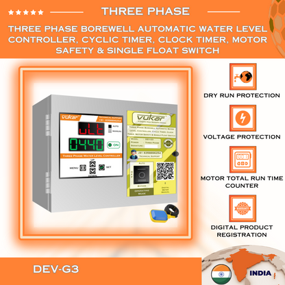 Three Phase Borewell Automatic Water Level Controller, Cyclic Timer, Clock Timer, Motor Safety & Single Float Switch (DEV-G3)