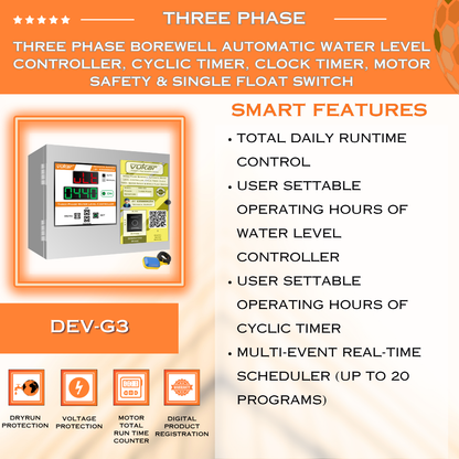 Three Phase Borewell Automatic Water Level Controller, Cyclic Timer, Clock Timer, Motor Safety & Single Float Switch (DEV-G3)