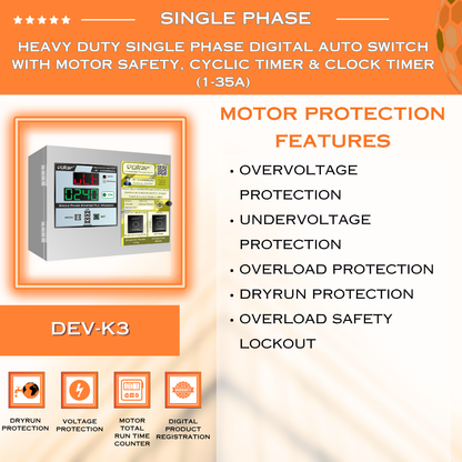 Heavy Duty Single Phase Digital Auto Switch with Motor Safety, Cyclic Timer & Clock Timer  (1-35A) (DEV-K3)