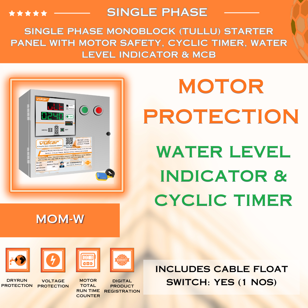 Single Phase Monoblock (Tullu) Starter Panel with Motor Safety, Cyclic Timer, Water Level Indicator & MCB (MOM-W)