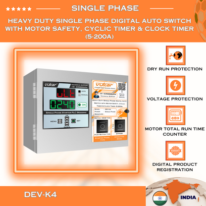 Heavy Duty Single Phase Digital Auto Switch with Motor Safety, Cyclic Timer & Clock Timer  (5-200A) (DEV-K4)