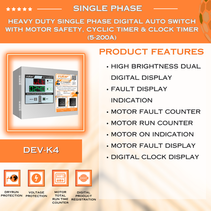 Heavy Duty Single Phase Digital Auto Switch with Motor Safety, Cyclic Timer & Clock Timer  (5-200A) (DEV-K4)