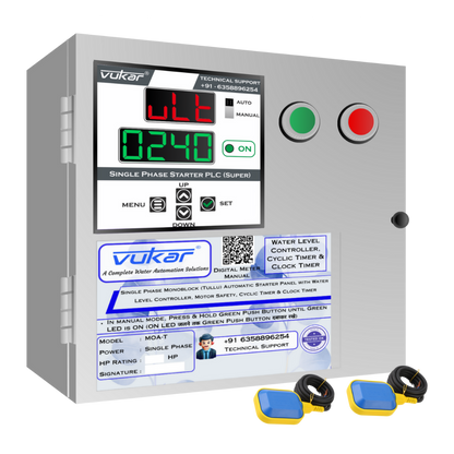 Single Phase Monoblock (Tullu) Automatic Starter Panel with Water Level Controller, Motor Safety, Cyclic Timer & Clock Timer (MOA-T)