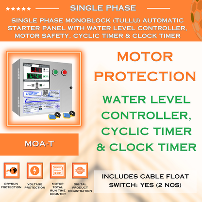 Single Phase Monoblock (Tullu) Automatic Starter Panel with Water Level Controller, Motor Safety, Cyclic Timer & Clock Timer (MOA-T)